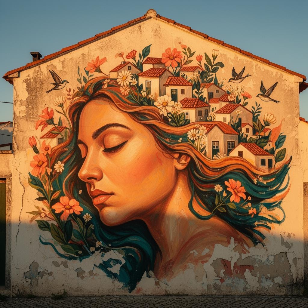 Mural de uma mulher com aldeia portuguesa e flores no cabelo, pintado numa fachada