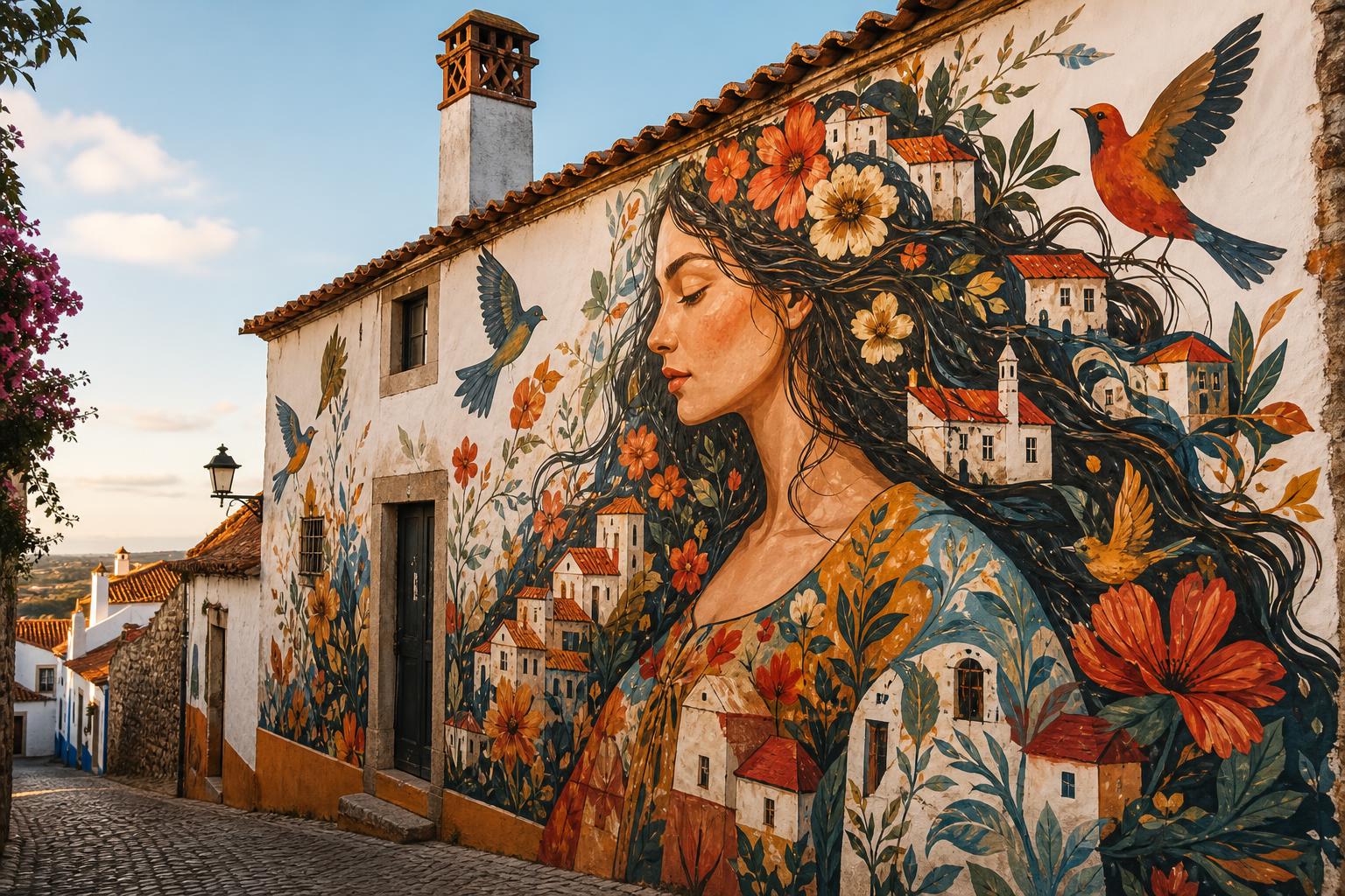 Mural artístico de uma mulher com flores no cabelo pintado na parede de uma casa