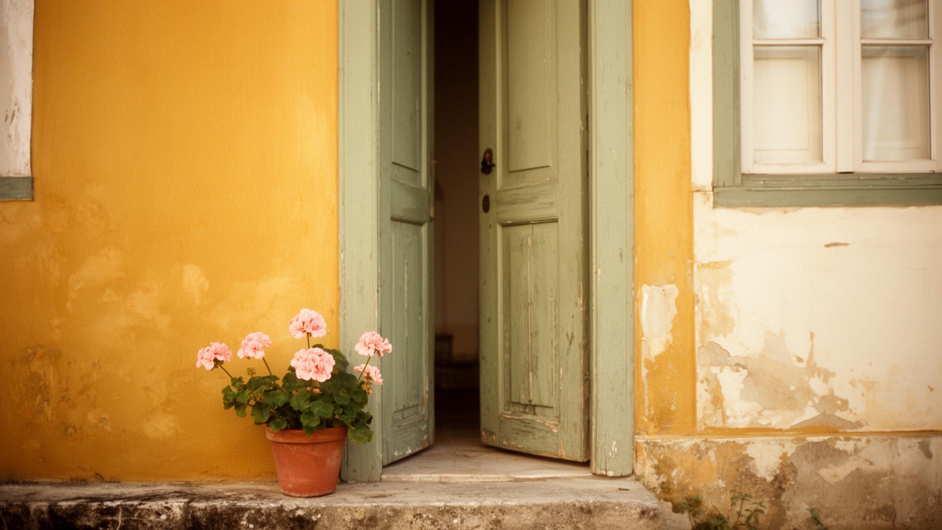 Ilustração de uma porta de casa portuguesa aberta com vasos e roupa estendida