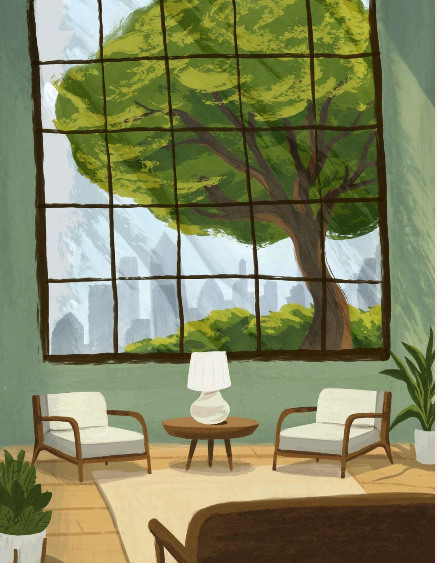Sala vazia com vista para uma árvore