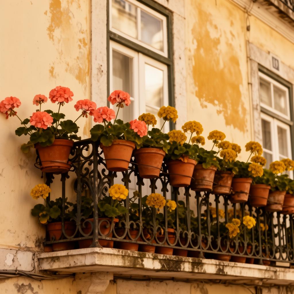 Varanda portuguesa com vasos de terracota e flores coral e mostarda numa fachada cream envelhecida